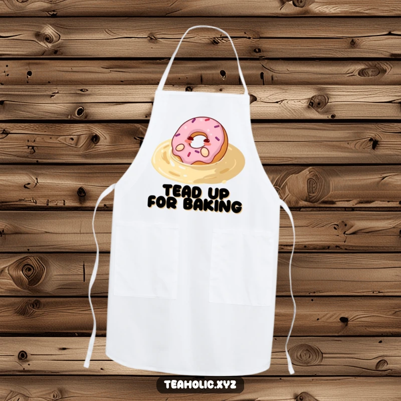 Funny donut apron showing a happy donut rolling with pleasure in a pool of tea, a protective and humorous kitchen accessory.