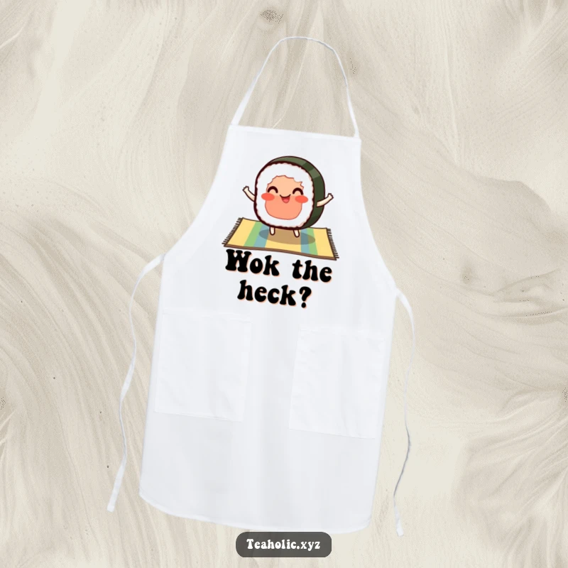 Funny apron with a pleased slice of sushi with rosy cheeks bouncing on a colorful mat, ideal for cooking.