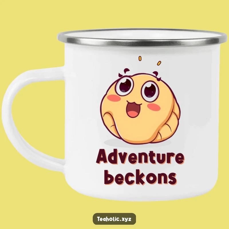 Funny Surprised Croissant Camping Mug: Your Joyful Trail Companion for Warm Drinks