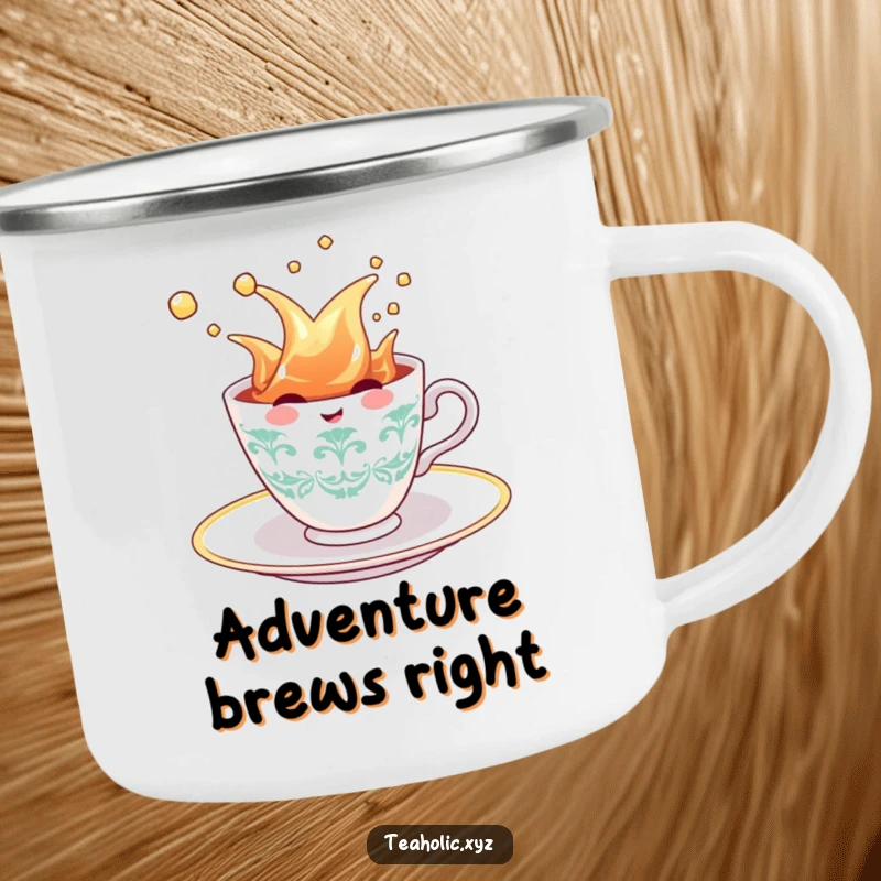 Funny Teacup Camping Mug: A cheerful teacup character splashing contentedly in a tea saucer, designed for outdoor adventures and morning brews.