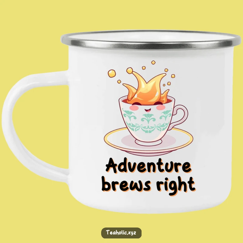Funny Teacup Splash Camping Mug: Cheerful Character Outdoor Fun - Rugged Funny Gift