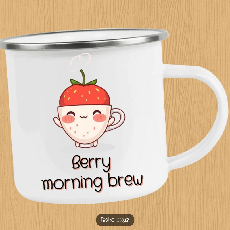Funny blushing strawberry with a shy smile offering a steaming cup, designed for a durable and humorous camping mug.
