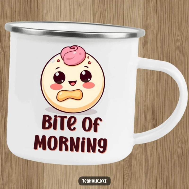 Funny camping mug showing a round pastry character with big dot eyes, blissfully taking a delighted bite of its own pastry.