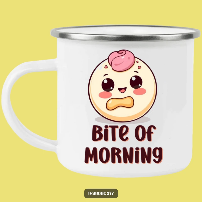 Funny Pastry Bite Camping Mug: Adventure Fuel with a Delighted Dough Character