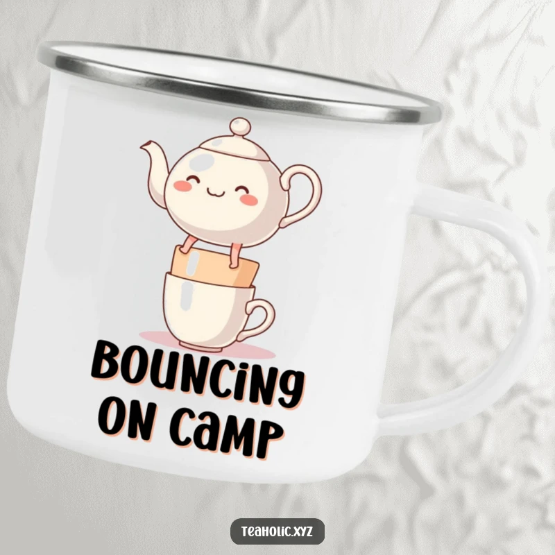 Funny cheerful teapot character with legs, merrily bouncing on a stack of mugs, on a durable camping mug.