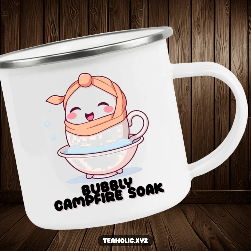 Funny happy teacup character with a handle-scarf winking while dipping into a bubbly bath on a durable camping mug.