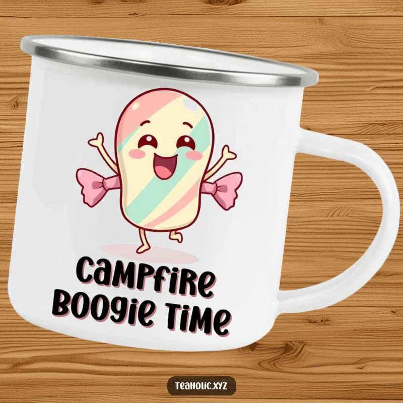 Funny camping mug featuring a cheerful candy with its wrapper dancing energetically, perfect for enjoying drinks on the go.