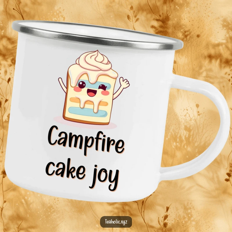 Funny happy slice of cake with dripping frosting, waving enthusiastically, on a sturdy camping mug.