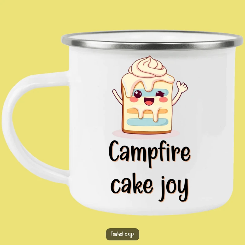 Funny Happy Cake Slice Camping Mug - Durable Waving Enamel Cup Gift
