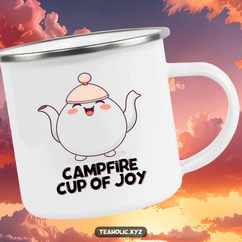 Funny camping mug with a cheerful teapot character bobbing with overflowing joy.