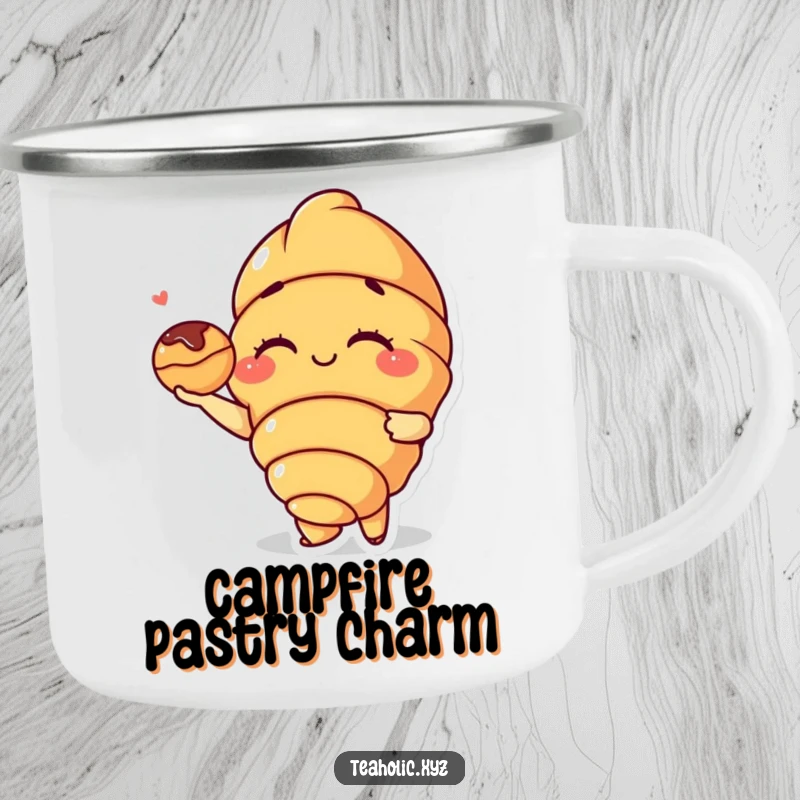 Funny Croissant Camping Mug: A winking croissant character offers a delectable mini pastry, perfect for enjoying coffee or tea outdoors.