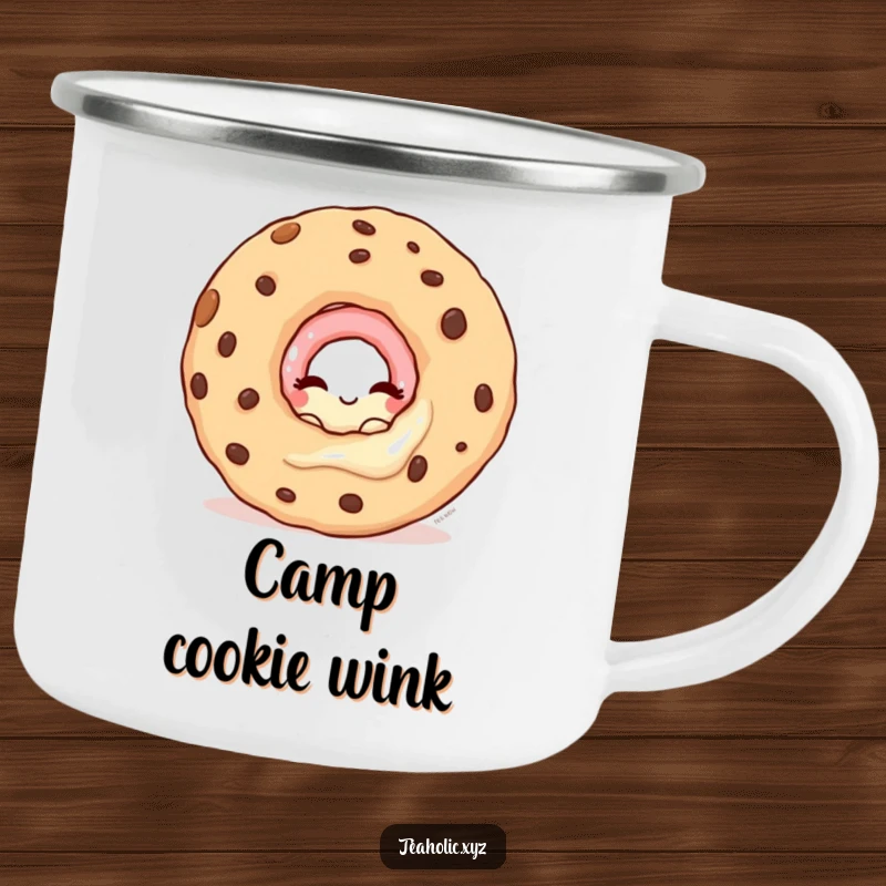 Funny camping mug with a winking donut peeking from behind a cookie, ideal for outdoor mischief.