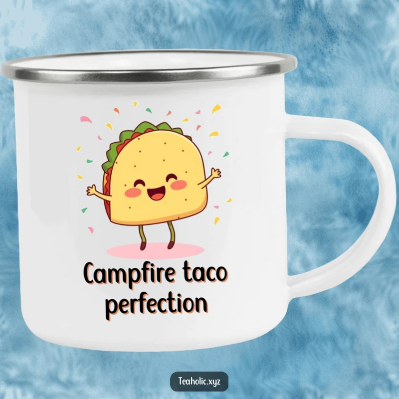Funny enamel camping mug with a cheerful taco with legs dancing and confetti falling, outdoor-ready and festive.