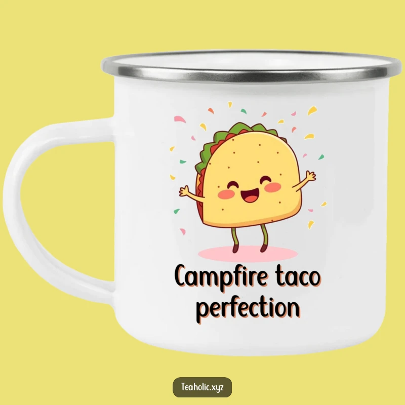 Funny Taco Enamel Camping Mug - Cheerful Dancing Taco, Outdoor Fiesta Gift