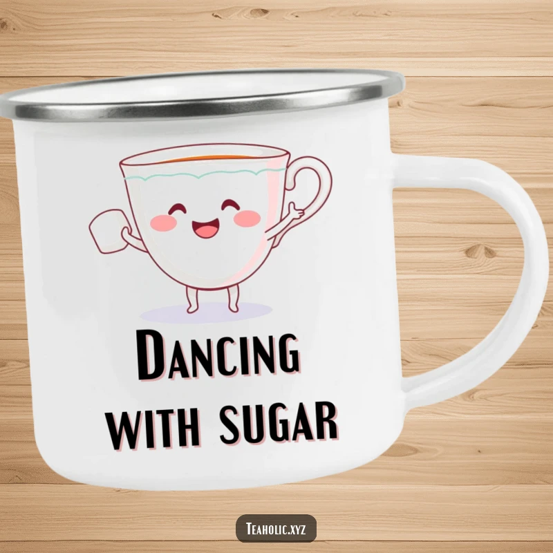 Funny camping mug showing a smiling teacup with arms dancing with a sugar cube, ideal for outdoor use and cheerful sipping.