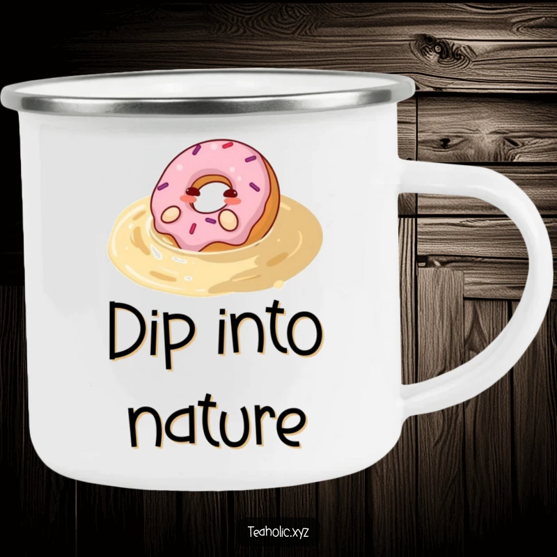 Funny donut camping mug featuring a happy donut rolling with pleasure in a pool of tea, ideal for enjoying drinks outdoors with humor.