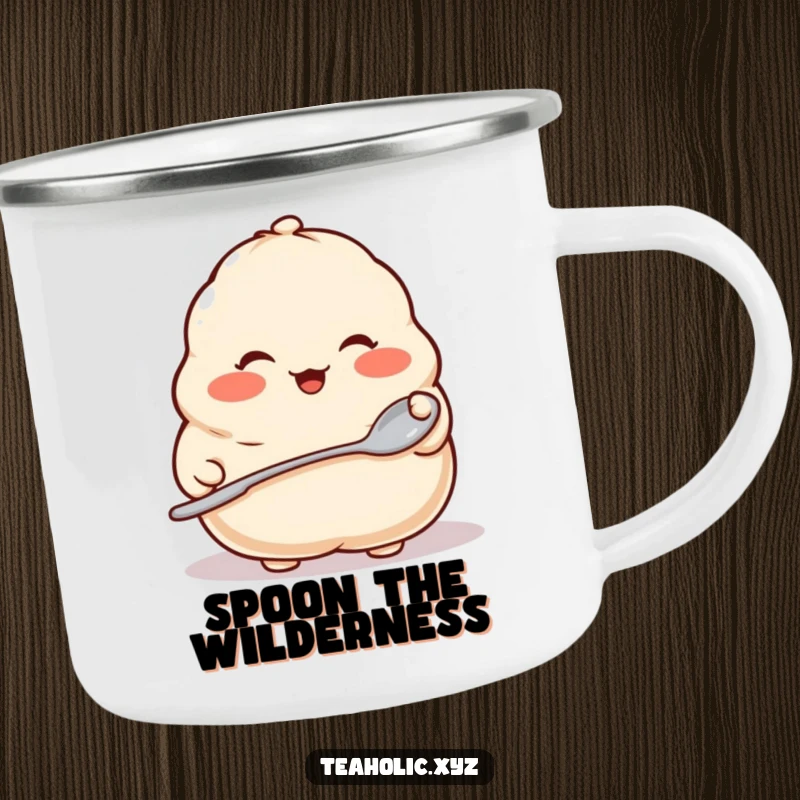 Funny camping mug depicting a proud dumpling with rosy cheeks holding a tiny spoon, perfect for enjoying drinks on the trail.