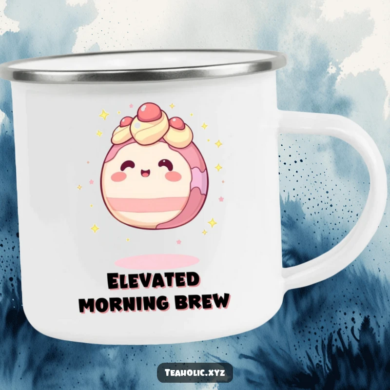 Funny camping mug showing a round cake character levitating with sparkles, bringing magic to outdoor sips.