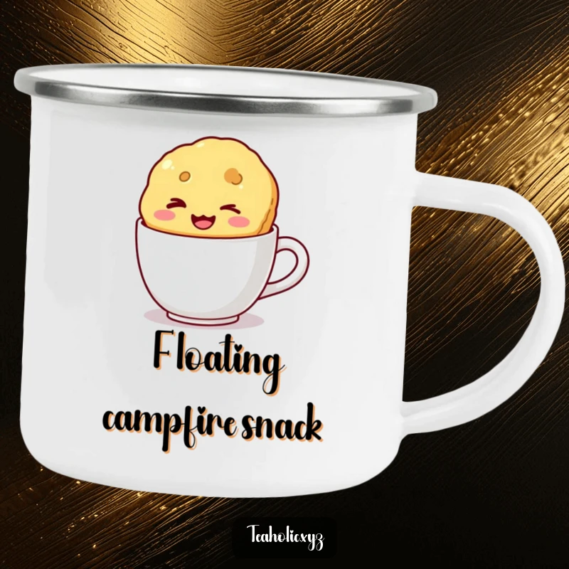 Funny camping mug showing a winking biscuit with a wide smile floating in a mug, built for outdoor use and cheerful sipping.