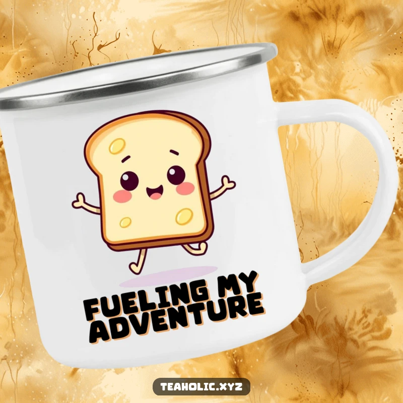 Funny camping mug featuring a smiling, buttered toast slice doing a hop-skip, perfect for outdoor enjoyment.