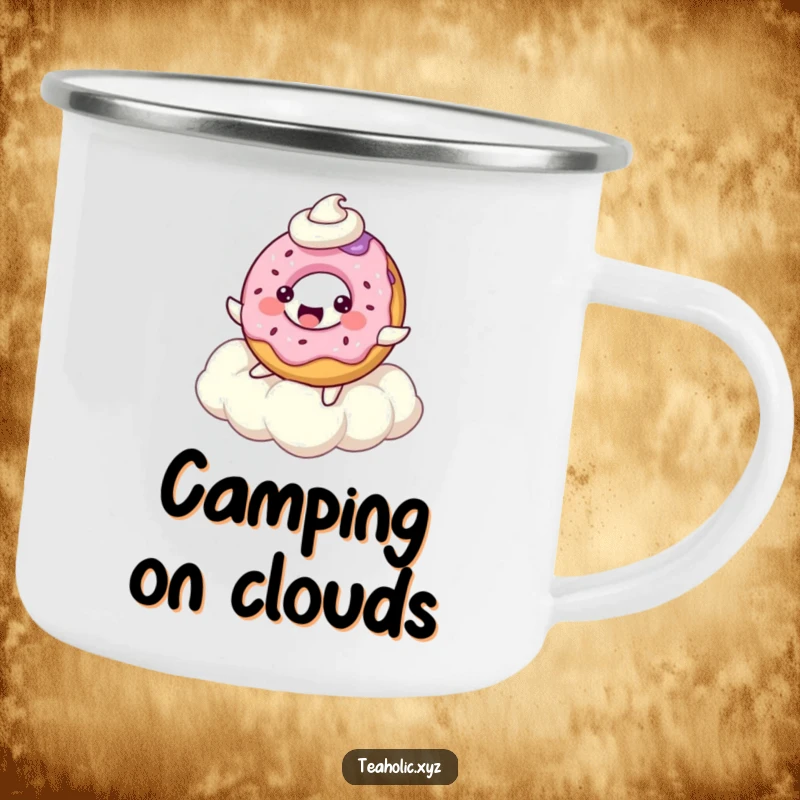 Durable bubbly donut character, bouncing on a whipped cream cloud, perfect for enjoying drinks on the go.