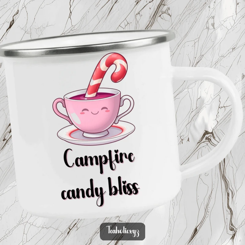 Funny smiling candy cane dipping into a swirling teacup, designed for a durable and humorous camping mug.