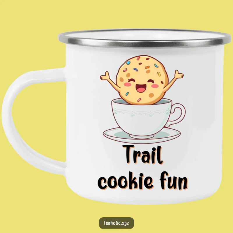 Funny Cookie Enamel Camping Mug - Delighted Jumping Cookie, Sweet Outdoor Gift