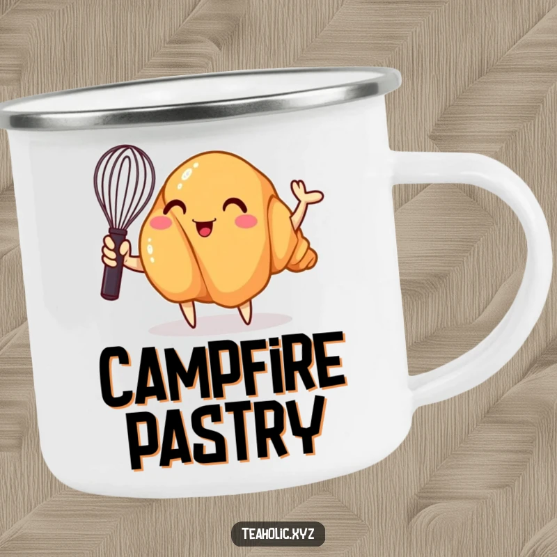 Funny camping mug with a whimsical croissant enthusiastically waving a mini whisk, perfect for enjoying drinks during outdoor adventures.