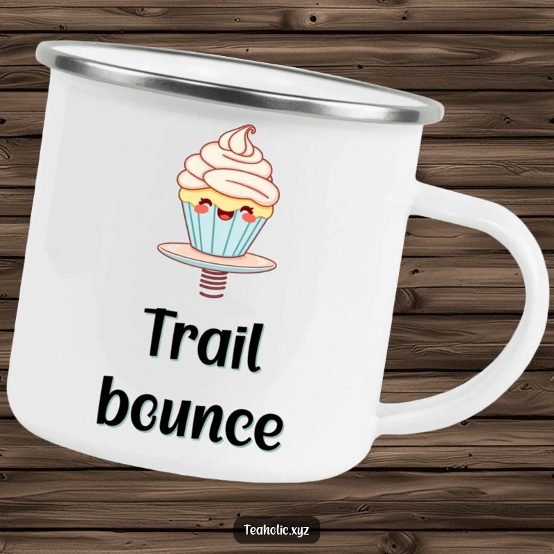 Funny camping mug with a giggling cupcake character bouncing on a springy saucer, perfect for enjoying drinks during outdoor adventures.