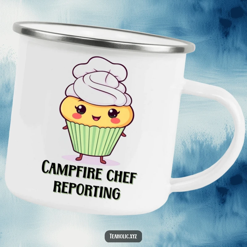 Funny proud cupcake character wearing a tiny chef hat on a durable enamel camping mug.