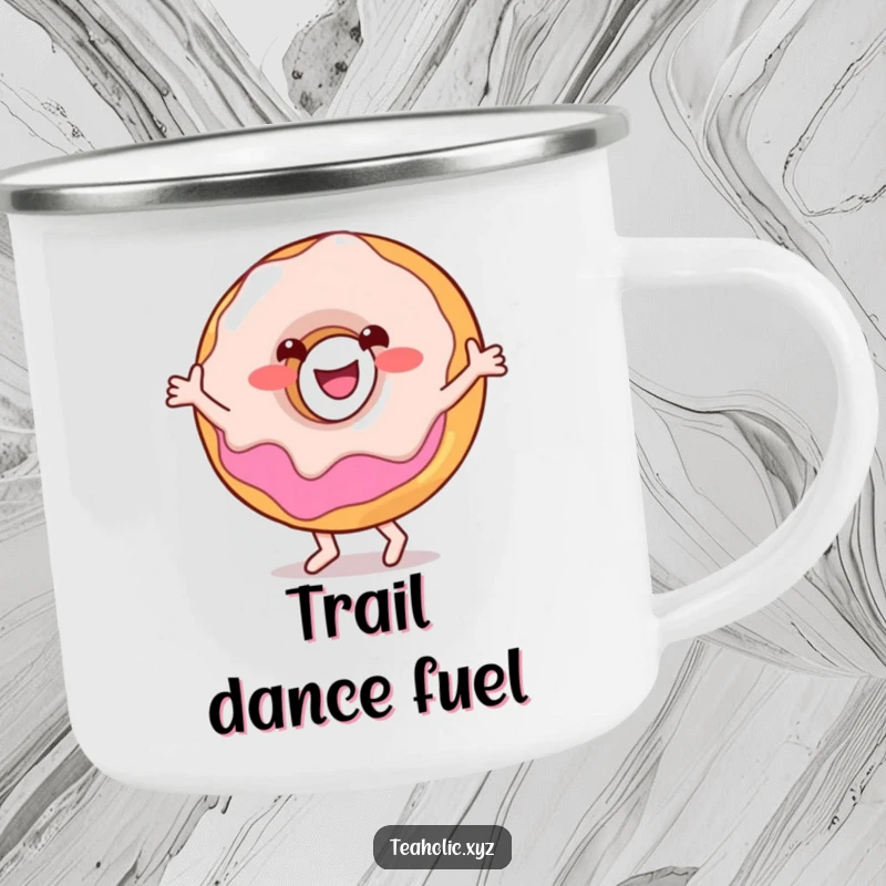 Funny camping mug showing a smiling donut character happily performing a little dance, with sprinkles adorning its form.