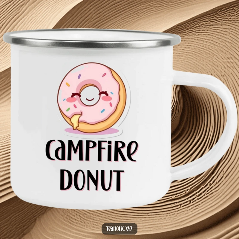 Funny enamel camping mug with a happy donut with a bite taken out, winking cheekily, outdoor-ready.