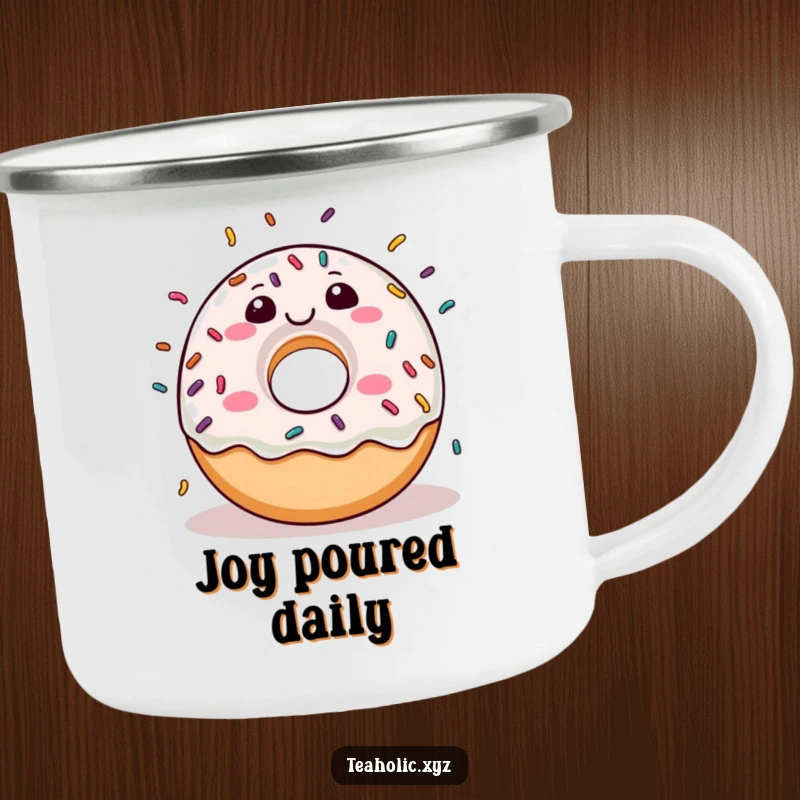 Funny donut character joyfully raining sprinkles on a durable enamel camping mug.