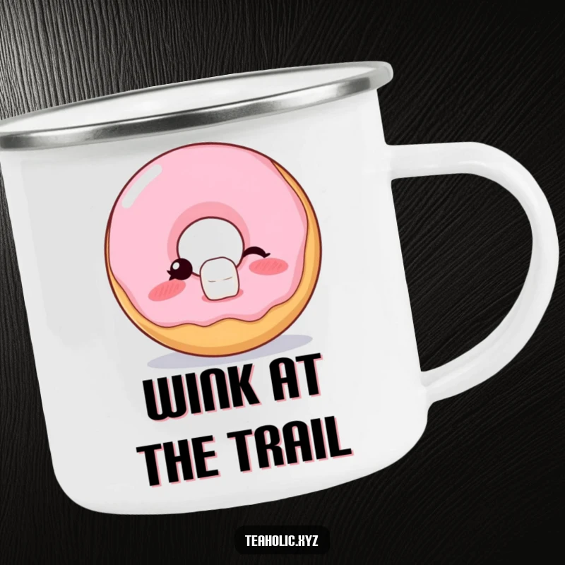 Funny Camping Mug with a blushing donut winking while balancing a sugar cube, perfect for enjoying drinks on the go.