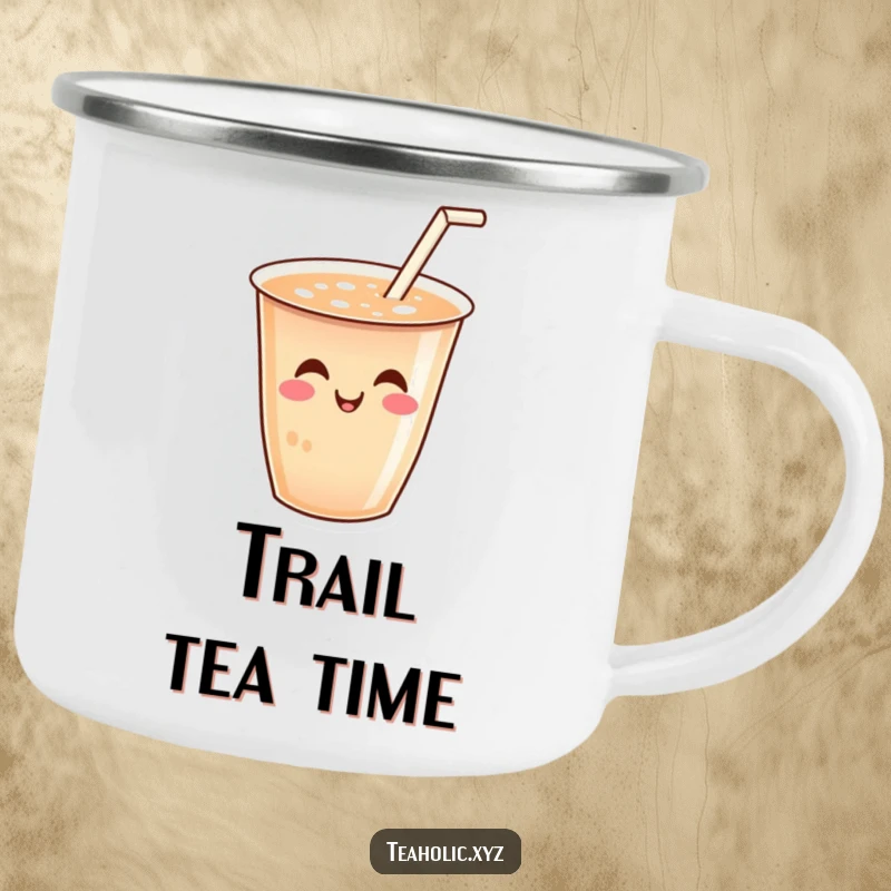 Funny enamel camping mug with a smiling tea cup and a tiny straw wiggling joyfully, durable for outdoor adventures.