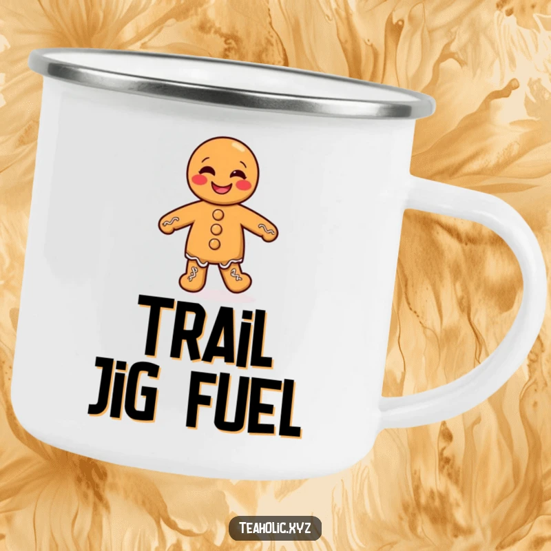 Funny camping mug featuring a giggling gingerbread man with small legs doing a silly jig, perfect for outdoor enjoyment.