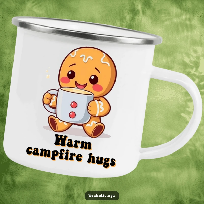 Funny Camping Mug featuring a smiling gingerbread man offering a steaming mug, perfect for outdoor adventures and cozy campfire moments.