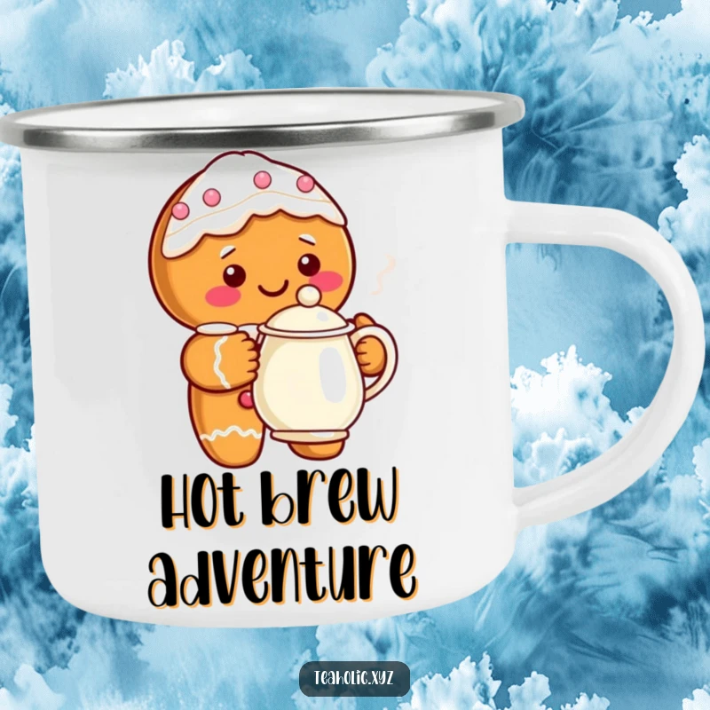 Funny gingerbread character holding a steaming teapot on a rugged camping mug, ideal for outdoor holiday enjoyment.