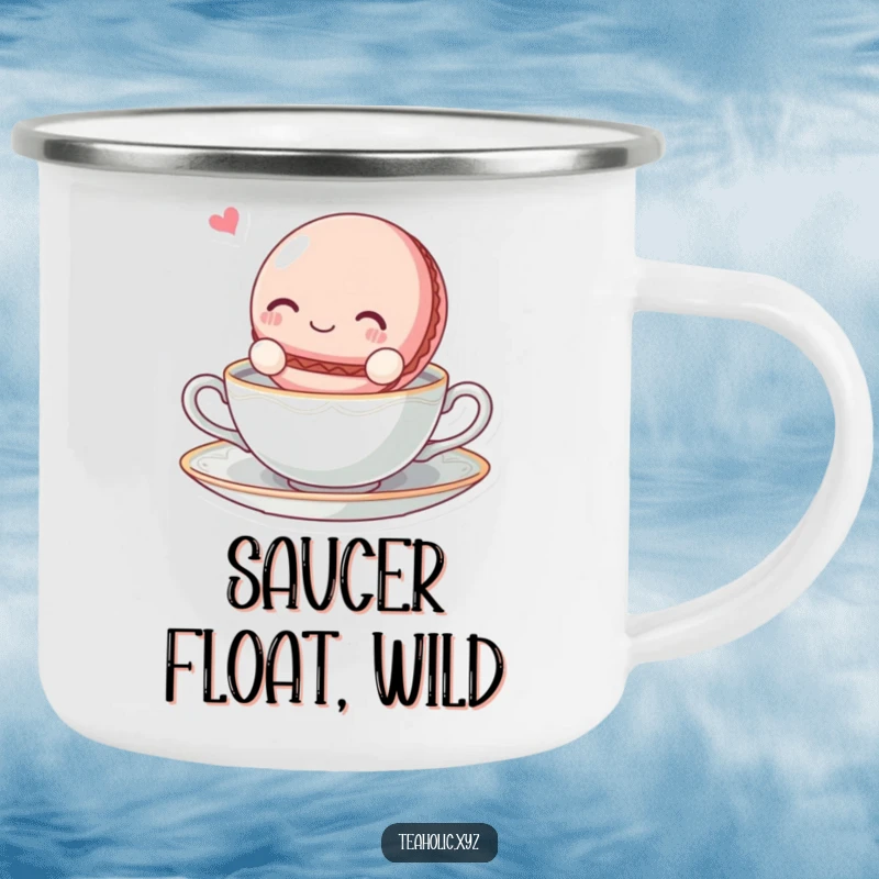 Funny blissful macaroon character floating on a tea saucer on a durable enamel camping mug.