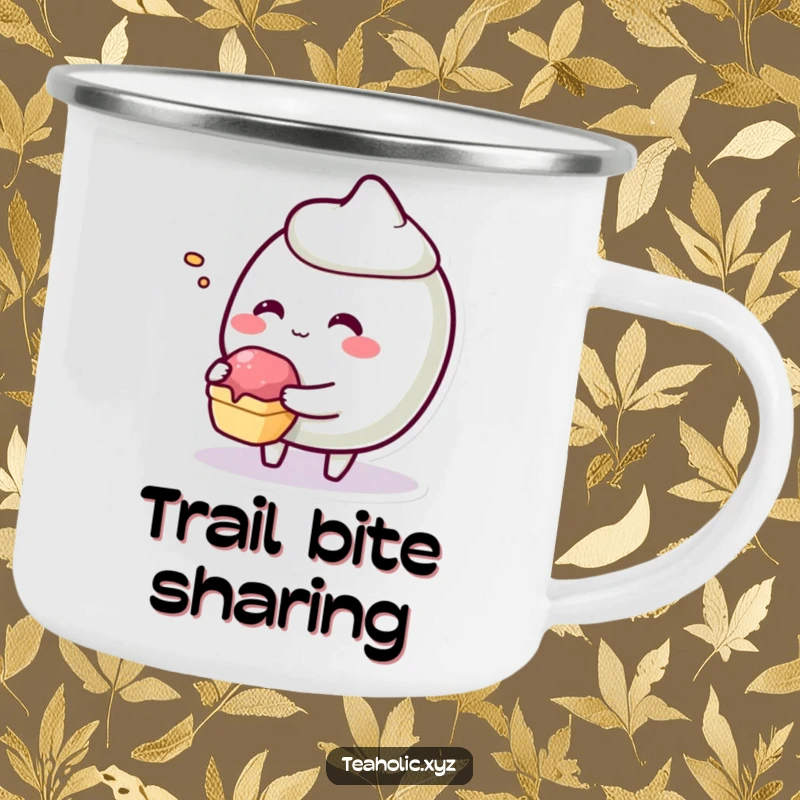 Funny giggling pastry character offering a tiny bite on a durable enamel camping mug.