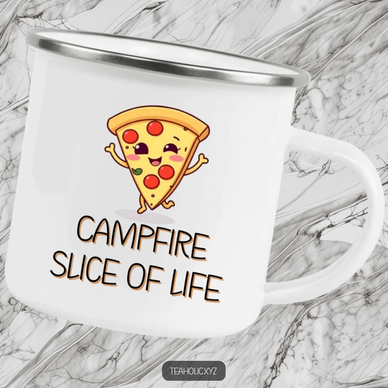 Funny camping mug featuring a smiling pizza slice doing a little dance step, great for outdoor pizza enjoyment.