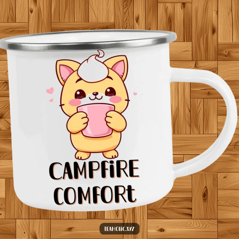 Funny camping mug showing a cheerful scone character holding a steaming mug with both paws, ready for an outdoor adventure.
