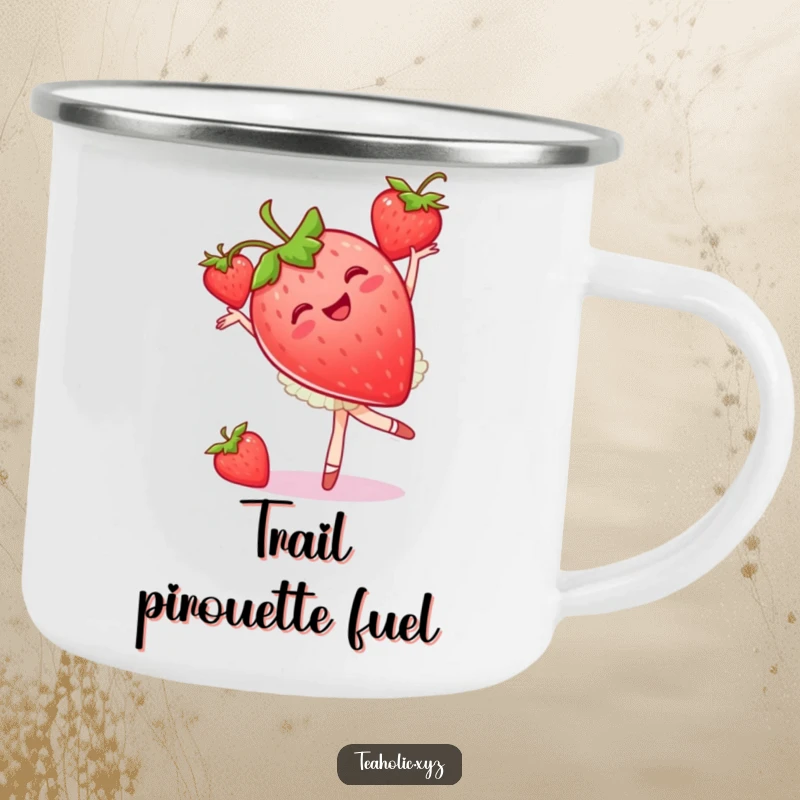 Funny strawberry ballet camping mug showing a happy fruit dancer in a pirouette, ideal funny gift.