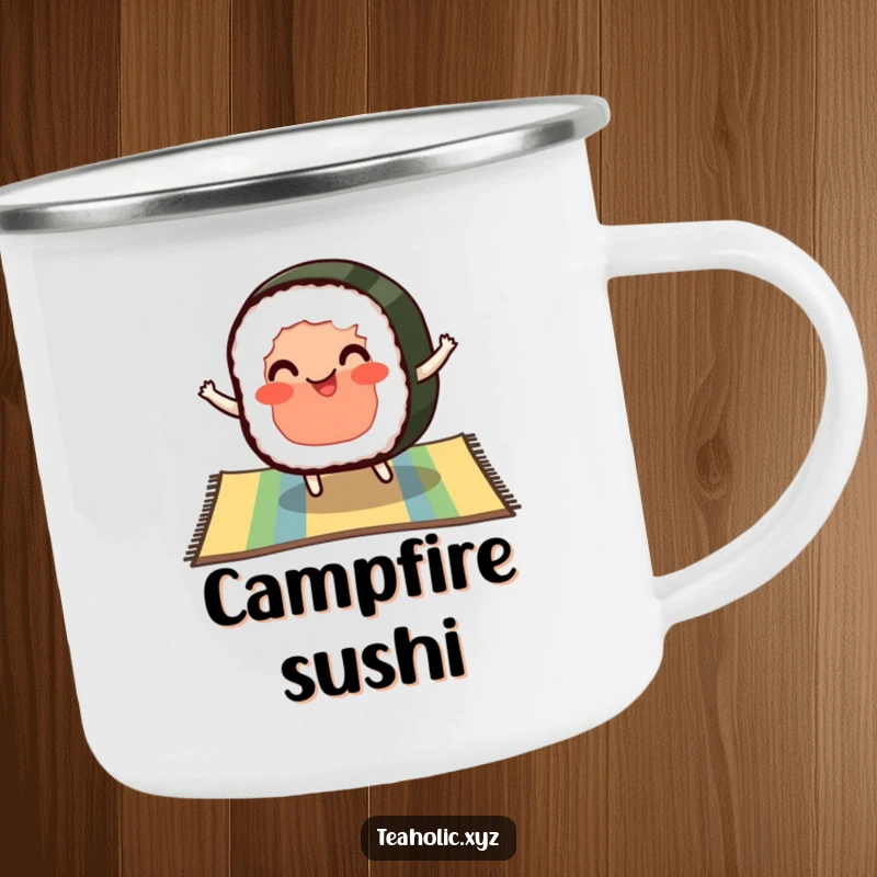 Funny enamel camping mug with a pleased slice of sushi with rosy cheeks bouncing on a colorful mat, outdoor-ready.