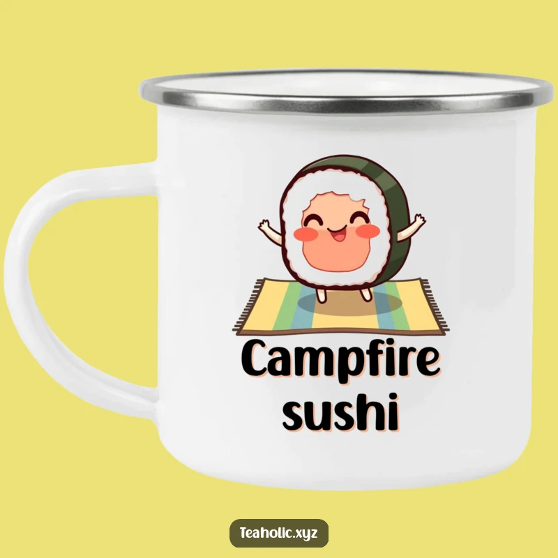 Funny Sushi Enamel Camping Mug - Pleased Bouncing Sushi Slice, Outdoor Gift