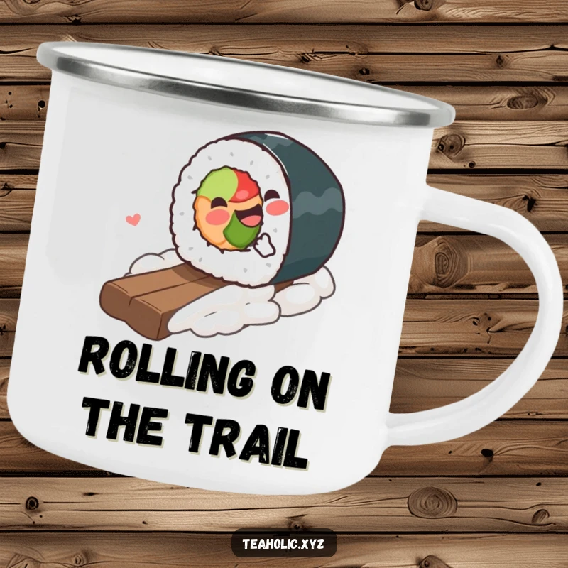 Funny Camping Mug showcasing a gleeful sushi piece rolling downhill, built for adventure and guaranteed laughs.