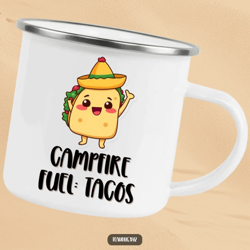 Funny camping mug featuring a taco character joyfully waving a tiny sombrero, great for outdoor fiesta drinks.