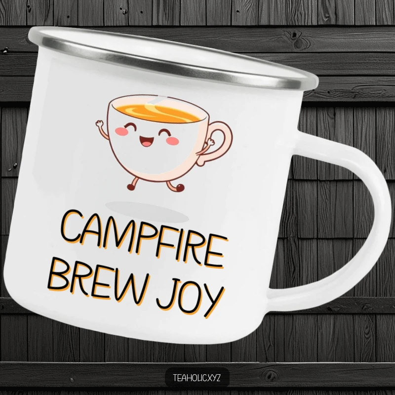 Funny Camping Mug with a smiling tea cup in a happy jump with swirling steam, perfect for enjoying drinks on the go.