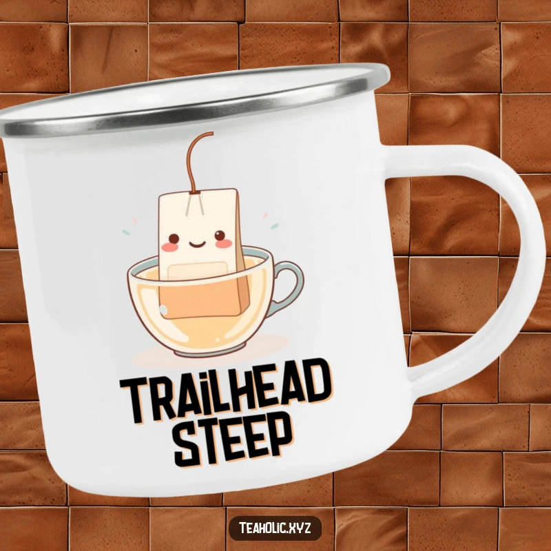 Funny Teabag Character Camping Mug: A sturdy mug featuring a happy teabag with a dangling string dipping into hot water.