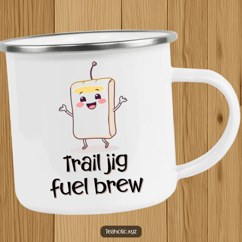Funny smiling teabag character doing a lively jig on a sturdy enamel camping mug.